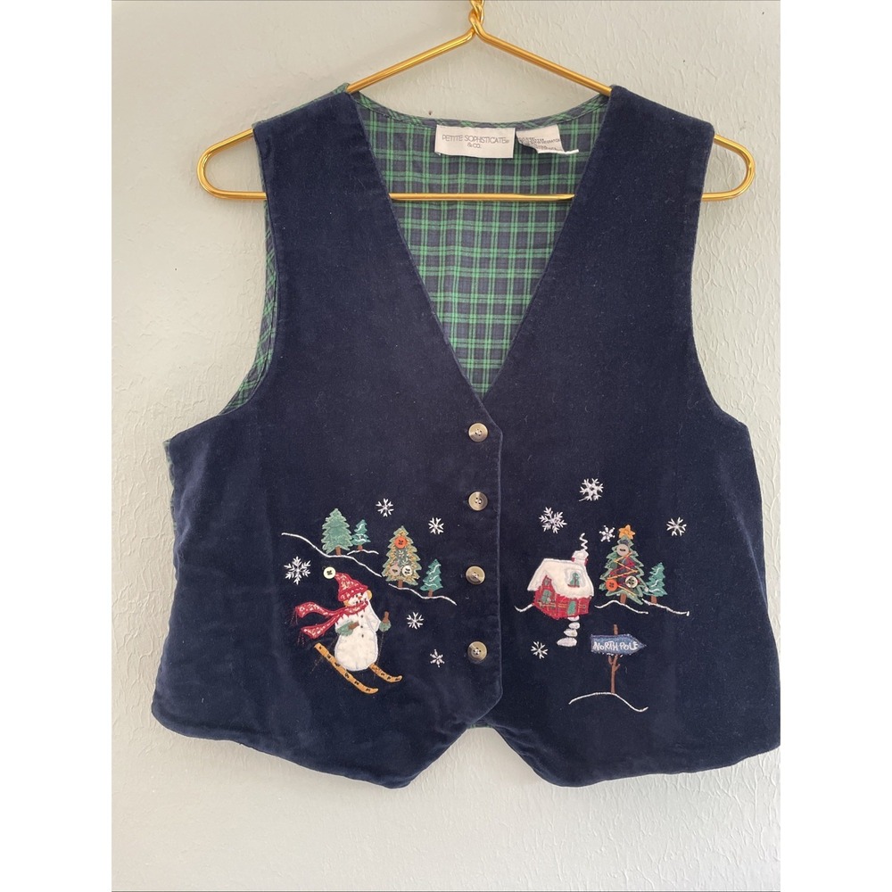 Vintage Christmas Vest Snowman Winter Embroidered Plaid Blue Velvet Holiday PL